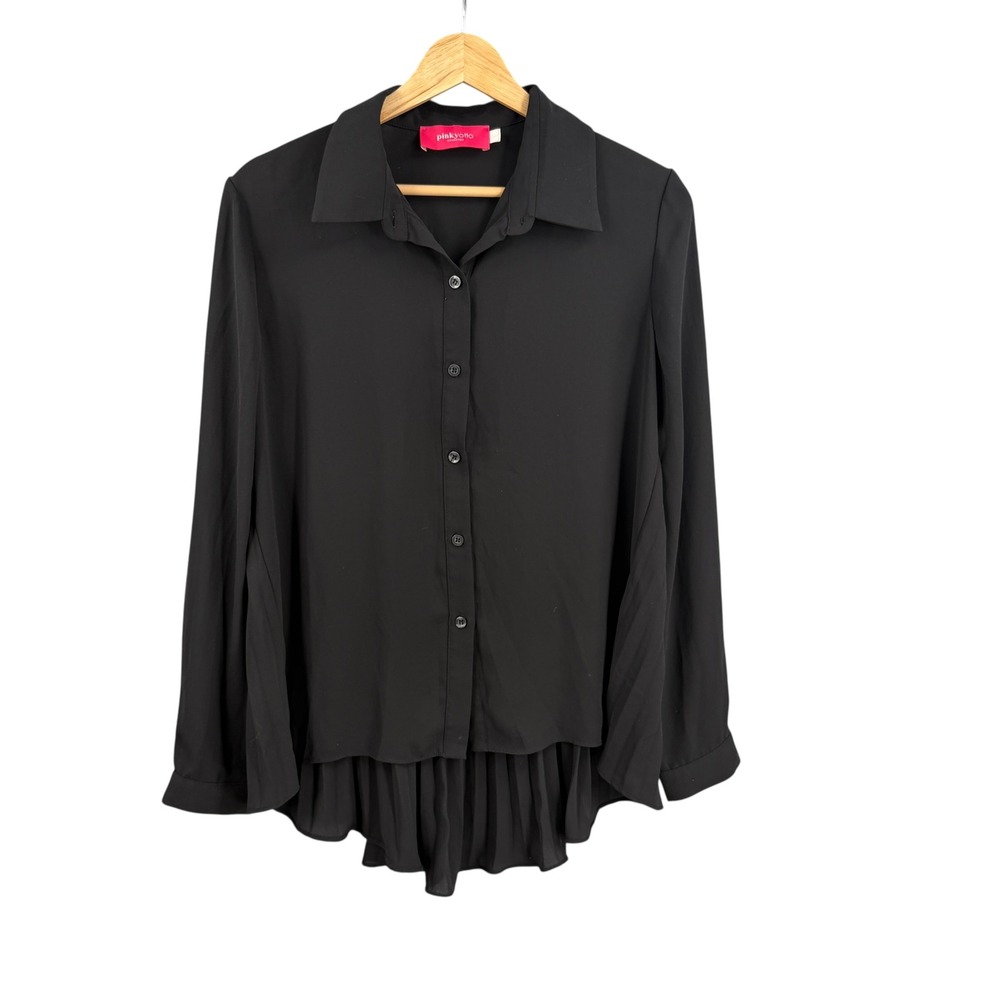 Pinkyotto Button Down Blouse‎ Size Small Black Pleated Back High Low Long Sleeve